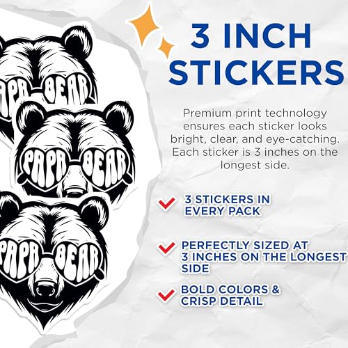 (3 Pack) Papa Bear Decals - Cool Bear Dad - Father's Day Decals - 3 Inches On Longest Side - Easy Peel & Apply - Made in USA - 3MCS2380