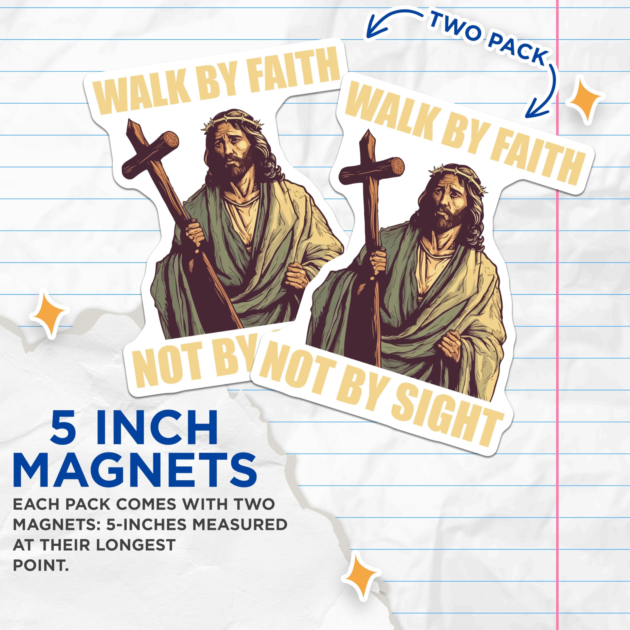 (2 Pack) Christian Faith Magnets - Jesus Christ Art - Religious Quote Decor - 5 Inches On Longest Side - Thick Durable Magnet - Made in USA - MAG27193