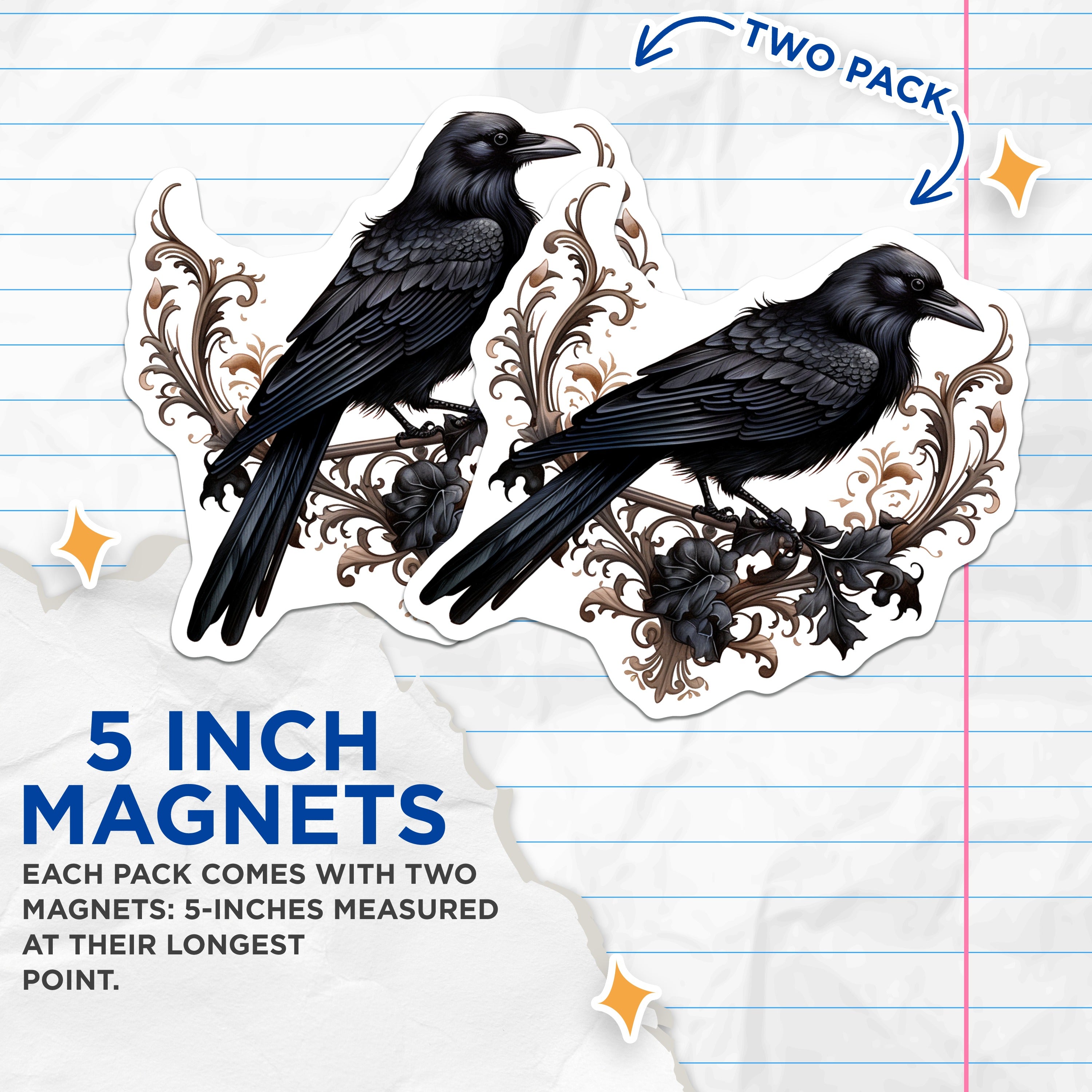 (2 Pack) Dark Academia Crow Magnets - Gothic Raven Kitchen Decor - Victorian Aesthetic Art - Witchy Fridge Accessory - 5 Inches On Longest Side - Thick Durable Magnet - Made in USA - MAG37613