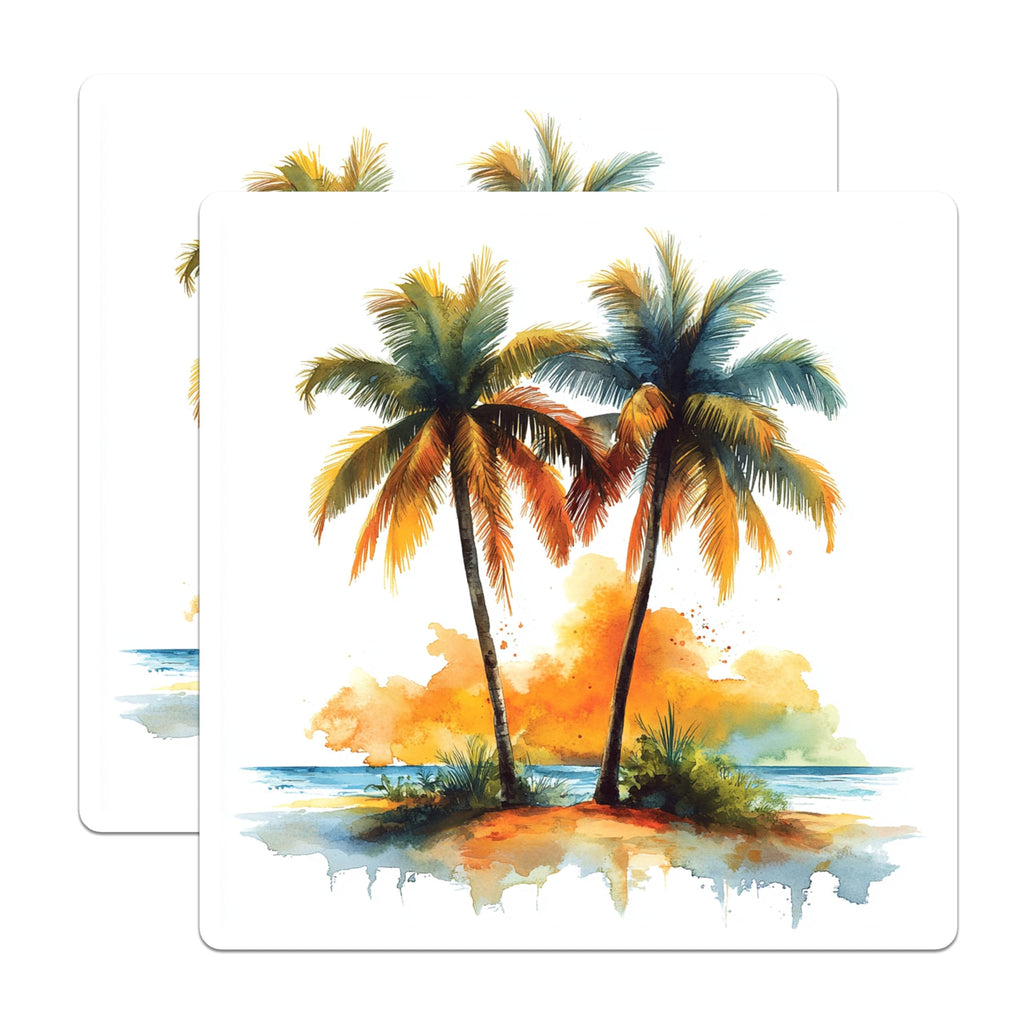 (2 Pack) Watercolor Palm Trees Magnets - Tropical Beach Art - Sunset Ocean Scene - 5 Inches On Longest Side - Thick Durable Magnet - Made in USA - MAG26066