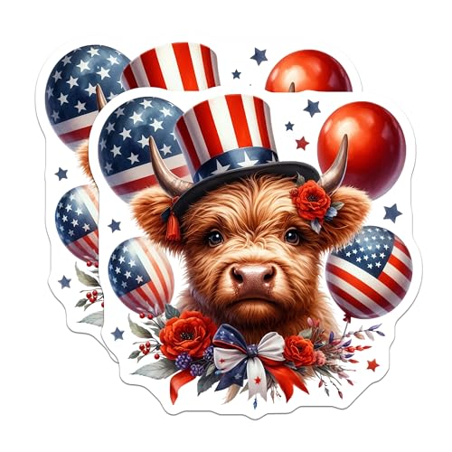 (2 Pack) Patriotic Cow Stickers - 4th of July Animal Sticker - American Flag Cow Sticker - 5" On Longest Side - Sticks to Smooth Flat Surfaces - Made in USA - BMCS6372