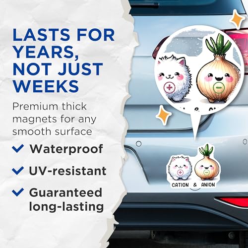 (2 Pack) Cation and Anion Magnets - Cute Chemistry Characters - Kawaii Science Classroom Decor - 5" On Longest Side - for Cars, Fridges, Toolboxes - Made in USA - MAG8031