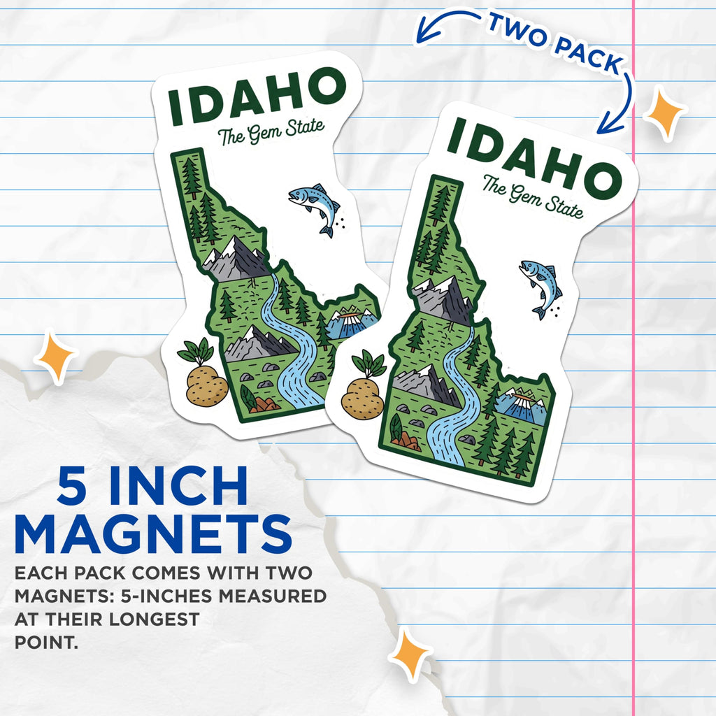 (2 Pack) Idaho State Magnets - Gem State Artwork - Fridge Magnets Souvenirs - 5" On Longest Side - Premium Magnet - for Cars, Refrigerators, Toolboxes, Lockers - Made in USA - MAG17736