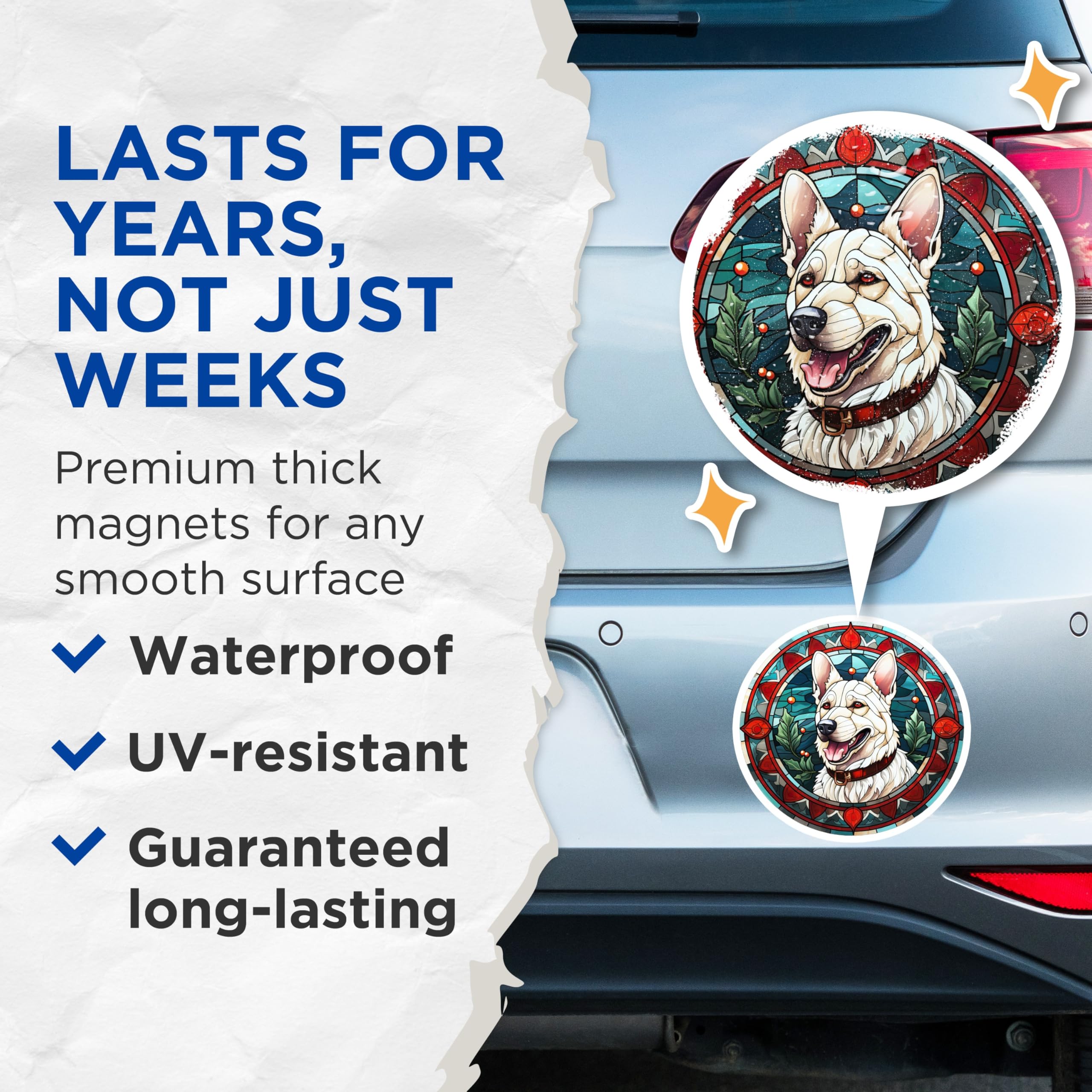 (2 Pack) White Dog Stained Glass Magnets - Christmas Holiday Decor Pet Parent - Winter Animal Art Refrigerator Door - 5 Inches On Longest Side - Thick Durable Magnet - Made in USA - MAG29755