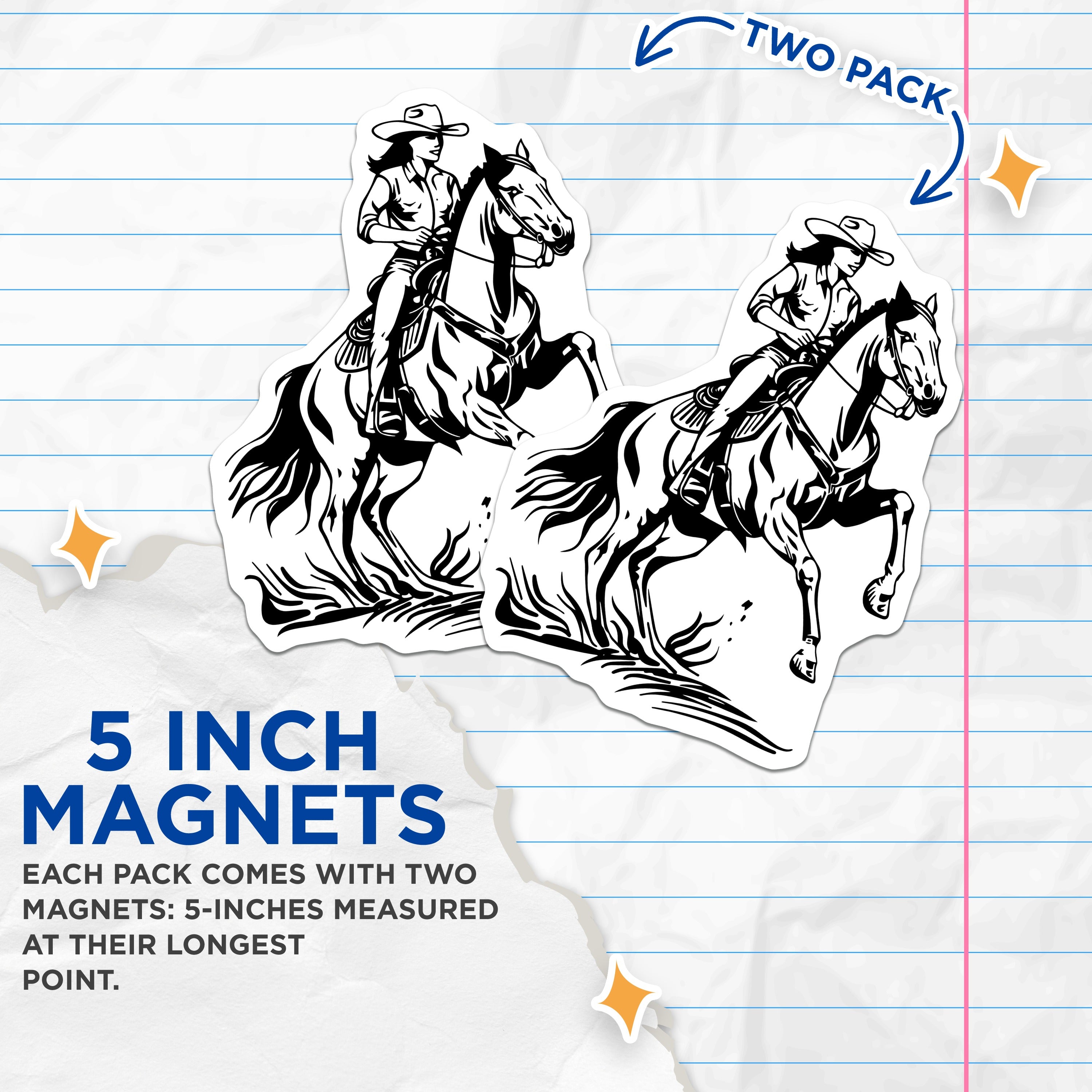(2 Pack) Cowgirl Horse Rider Magnets - Western Rodeo Art - Equestrian Ranch Decor - 5 Inches On Longest Side - Thick Durable Magnet - Made in USA - MAG37103