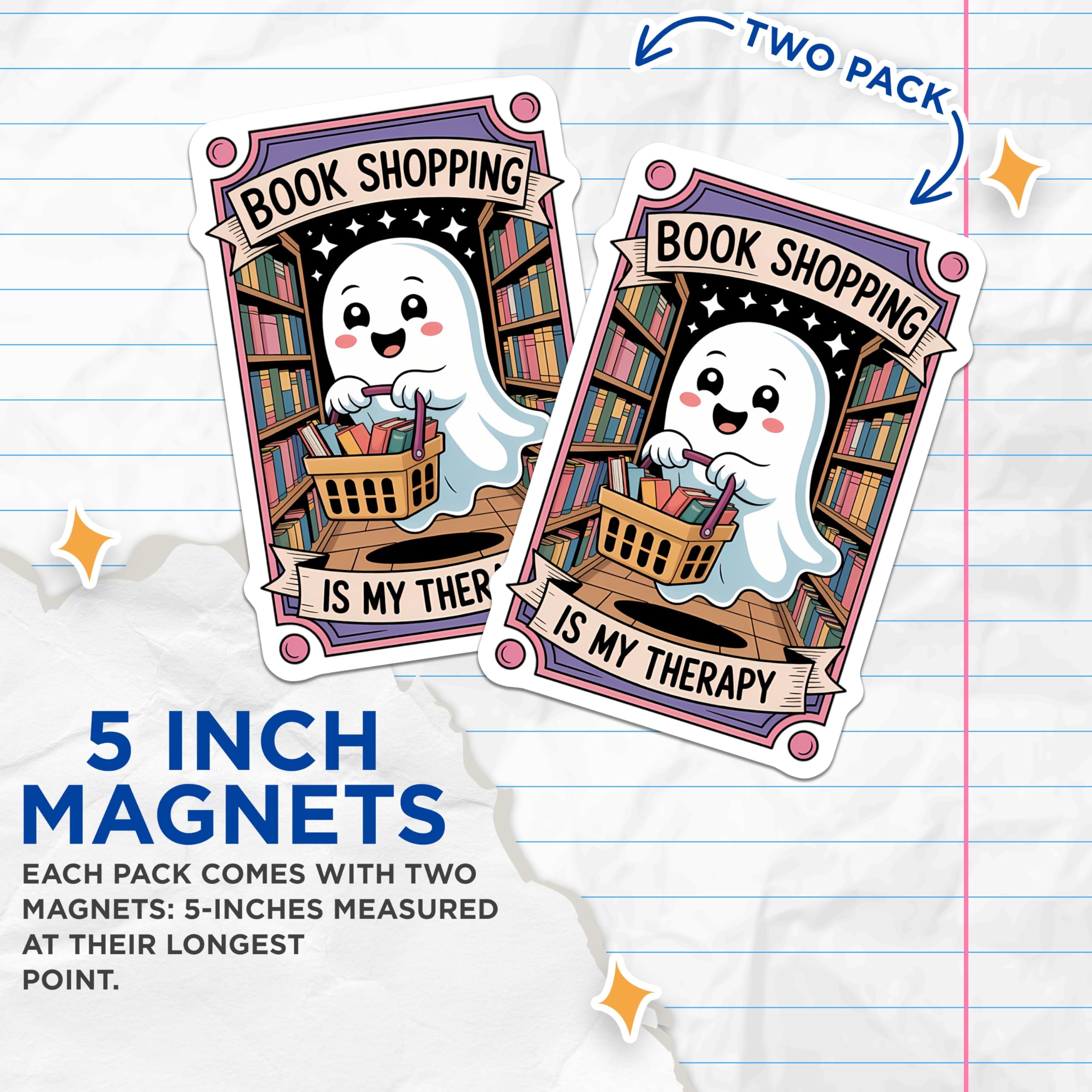 (2 Pack) Book Shopping Therapy Magnets - Cute Ghost Library Reader - Bookworm Bibliophile Decor - 5 Inches On Longest Side - Thick Durable Magnet - Made in USA - MAG22491