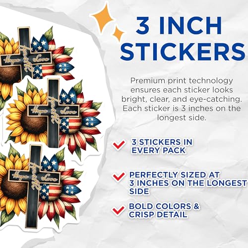 (3 Pack) American Sunflower Decals - Christian Cross Faith Love - Laptop Decal - 3 Inches On Longest Side - Easy Peel & Apply - Made in USA - 3MCS6753