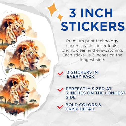 (3 Pack) Lion Decals - Wildlife Art - Laptop Sticker - Lion King - Safari Animals - Nature Lover Gifts - 3 Inches On Longest Side - Easy Peel & Apply - Made in USA - 3MCS2579