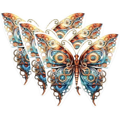 (3 Pack) Steampunk Butterfly Decals - Gear Art Stickers - Laptop Decal Set - 3 Inches On Longest Side - Easy Peel & Apply - Made in USA - 3MCS1199