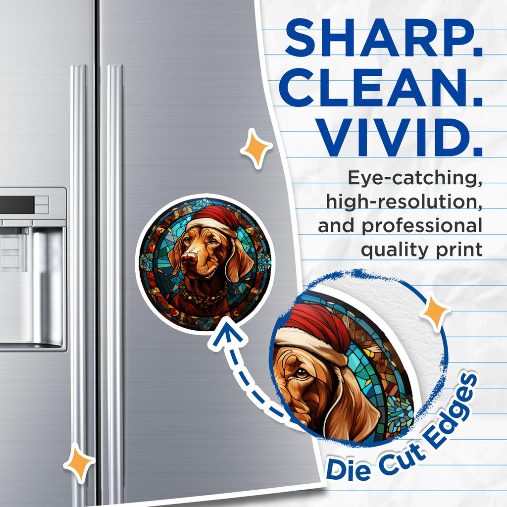 (2 Pack) Vizsla Dog Magnets - Christmas Holiday Dog Lover Decor - Festive Faux Stained Glass Pet Art for Fridge - 5 Inches On Longest Side - Thick Durable Magnet - Made in USA - MAG28544