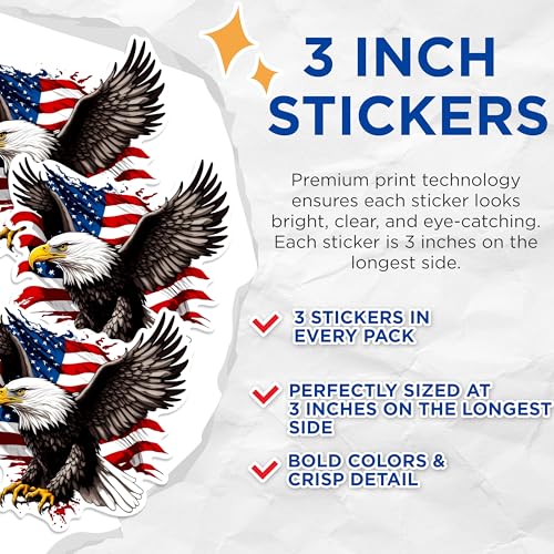 (3 Pack) Eagle American Flag Decals - Patriotic Stickers - USA Laptop Decal - 3 Inches On Longest Side - Easy Peel & Apply - Made in USA - 3MCS0255