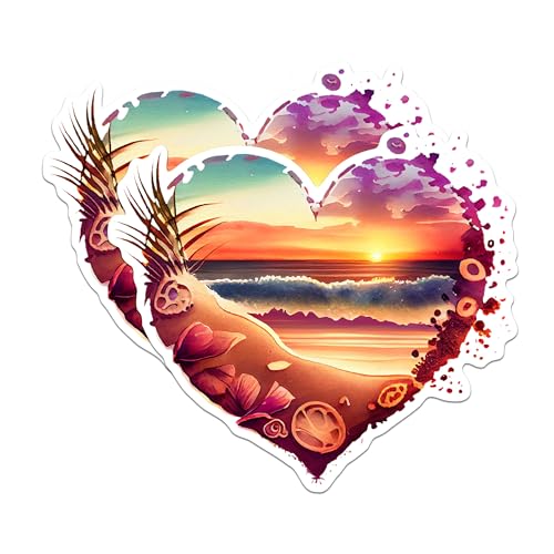 (2 Pack) Heart Beach Sunset Magnets - Coastal Beach Scene Magnets - Romantic Beach Decor Magnets- 5" On Longest Side - for Fridges, Toolboxes, Cars - Made in USA - MAG2857