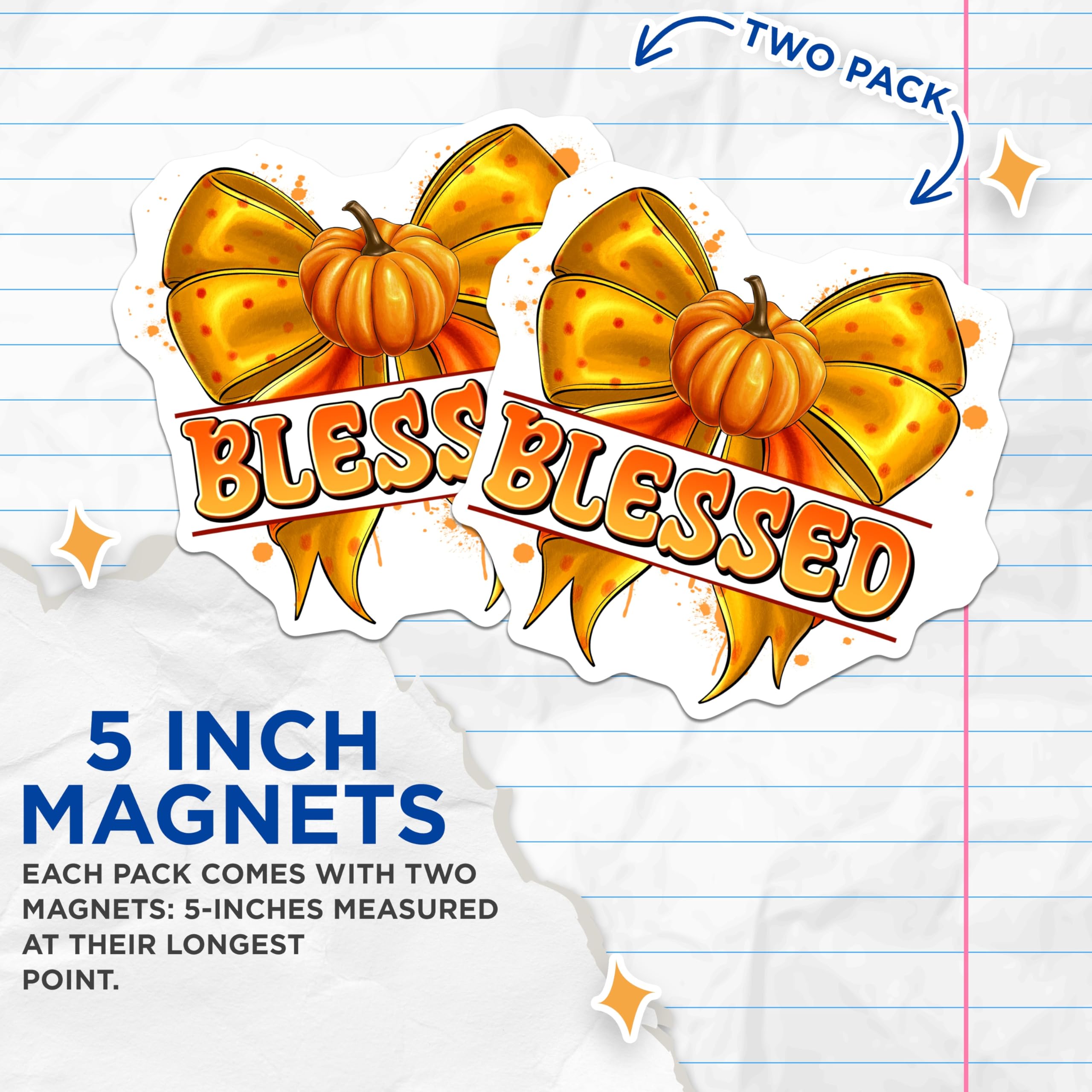 (2 Pack) Blessed Pumpkin Bow Magnets - Fall Thanksgiving Decor - Farmhouse Fridge Accents - 5 Inches On Longest Side - Thick Durable Magnet - Made in USA - MAG25918
