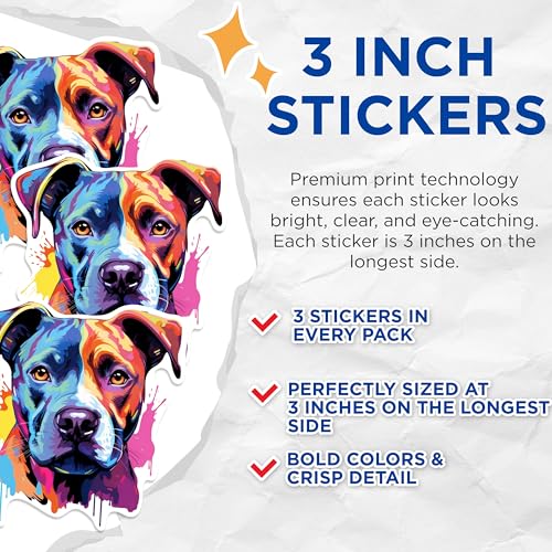 (3 Pack) Colorful Pitbull Decals - Dog Breed Art - Laptop Decal - 3 Inches On Longest Side - Easy Peel & Apply - Made in USA - 3MCS0629
