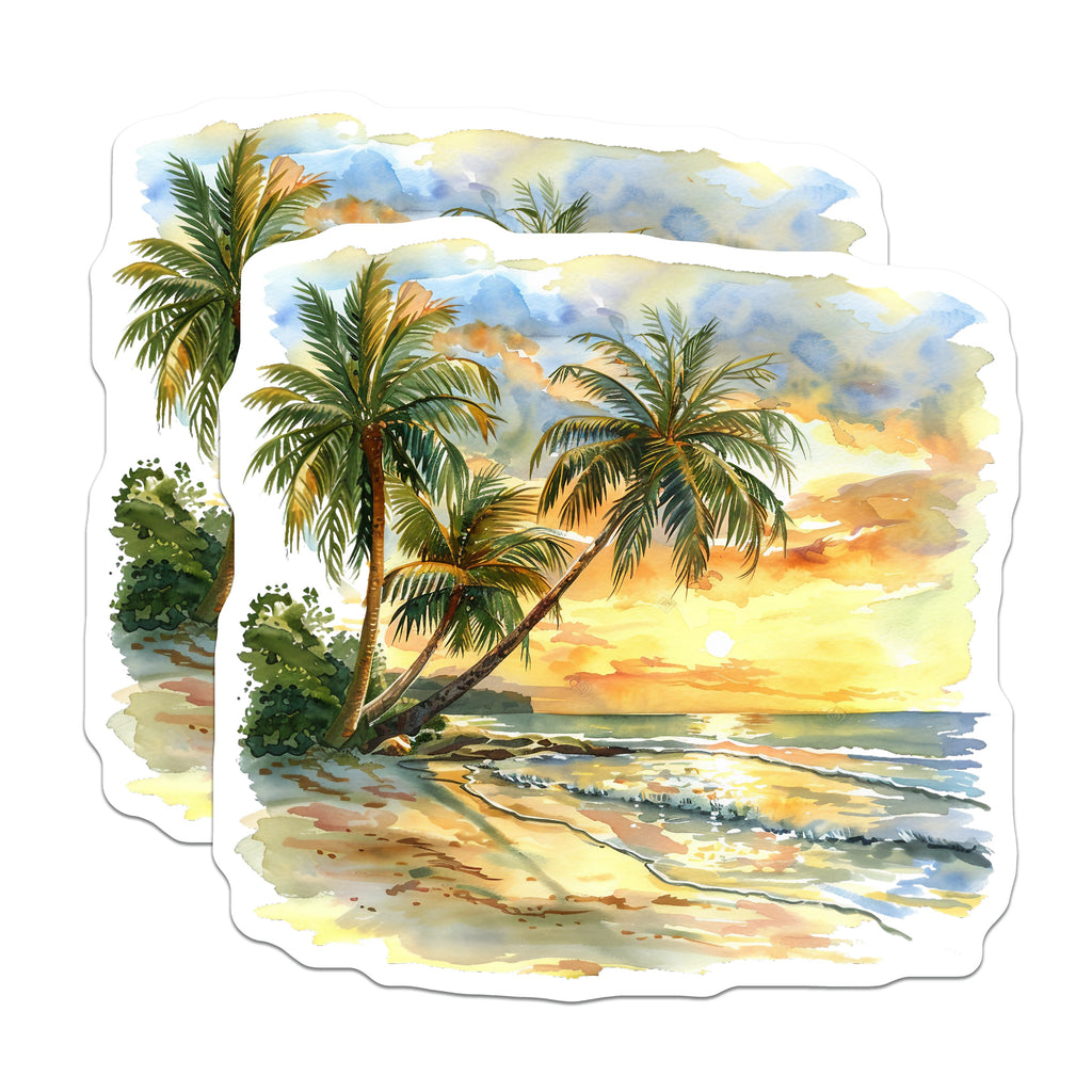 (2 Pack) Coastal Beach Sunset Magnets - Watercolor Palm Trees Scene - Tropical Ocean View Fridge Art - 5 Inches On Longest Side - Thick Durable Magnet - Made in USA - MAG36409