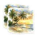 (2 Pack) Coastal Beach Sunset Magnets - Watercolor Palm Trees Scene - Tropical Ocean View Fridge Art - 5 Inches On Longest Side - Thick Durable Magnet - Made in USA - MAG36409