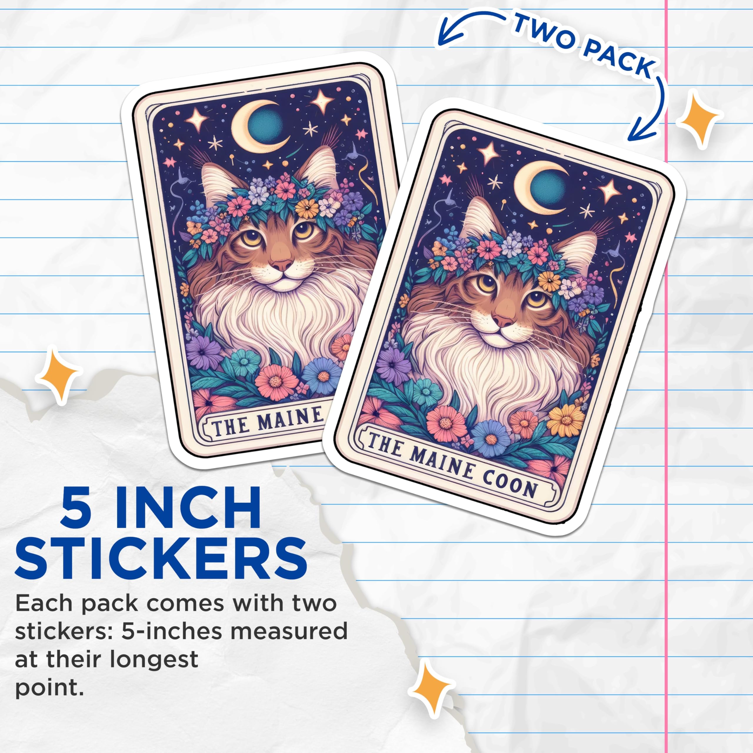 (2 Pack) Maine Coon Cat Stickers - Celestial Cat Art - Floral Kitty Design - 5" On Longest Side - Sticks to Smooth Flat Surfaces - Made in USA - BMCS5155