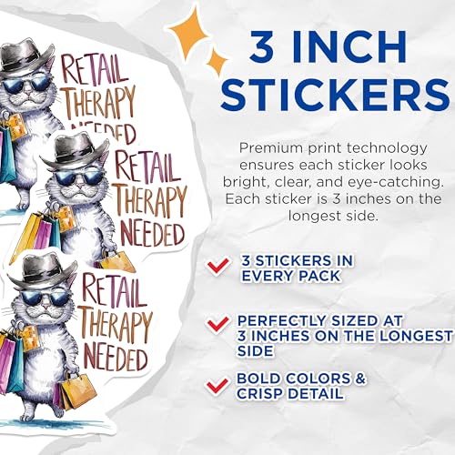 (3 Pack) Retail Therapy Decals - Cat Shopper with Bags - Funny Cat Stickers - 3 Inches On Longest Side - Easy Peel & Apply - Made in USA - 3MCS7304