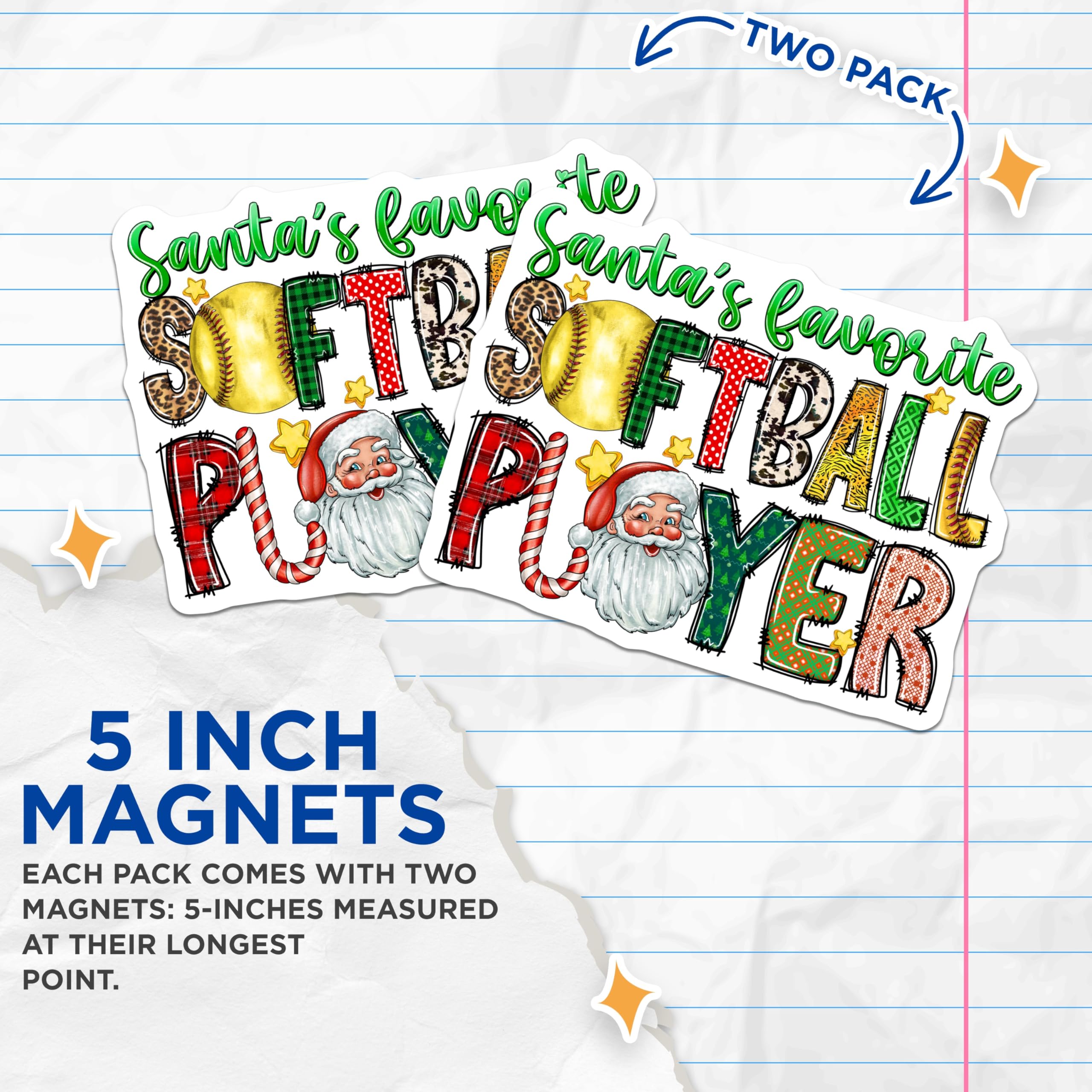 (2 Pack) Santa Softball Player Magnets - Christmas Softball Decor - Holiday Sports Enthusiast - 5 Inches On Longest Side - Thick Durable Magnet - Made in USA - MAG24761