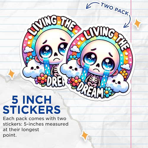 (2 Pack) Living The Dream Stickers - Cute Skeleton Stickers - Kawaii Crying Stickers - 5" On Longest Side - Sticks to Smooth Flat Surfaces - Made in USA - BMCS5150