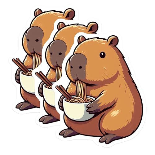 (3 Pack) Capybara Ramen Decals - Anime Foodie - Cute Laptop Stickers - 3 Inches On Longest Side - Easy Peel & Apply - Made in USA - 3MCS8672