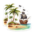 (2 Pack) Pirate Ship Stickers - Tropical Palm Tree Decals - Skull and Crossbones Stickers - 5" On Longest Side - Sticks to Smooth Flat Surfaces - Made in USA - BMCS6770