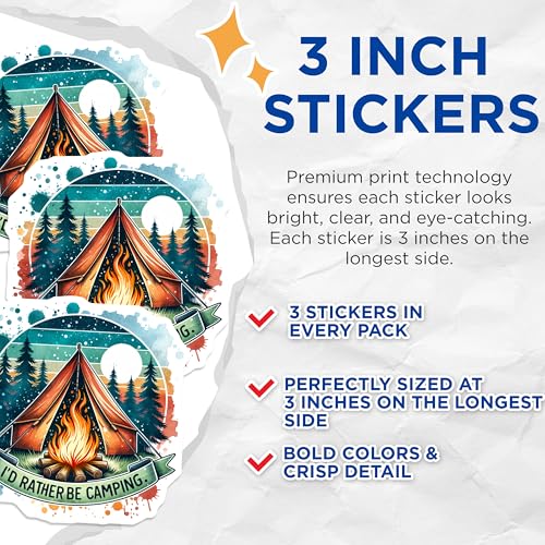 (3 Pack) Camping Decals - Laptop Decals - Outdoor Adventure Stickers- 3 Inches On Longest Side - Easy Peel & Apply - Made in USA - 3MCS5403