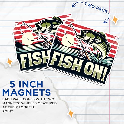 (2 Pack) Fish On Magnets - Fishing Enthusiast Magnets - Outdoor Fishing Adventure Magnets- 5" On Longest Side - for Fridges, Toolboxes, Cars - Made in USA - MAG2613