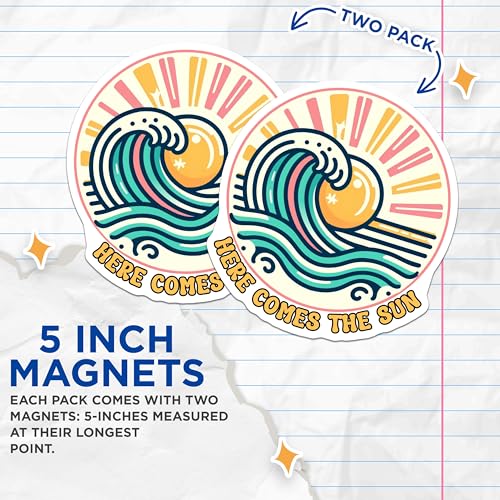 (2 Pack) Here Comes The Sun Magnets Magnets - Beach Decor - 5" On Longest Side - Made in USA - Sticks to Refrigerators & Metal Surfaces - MAG9250