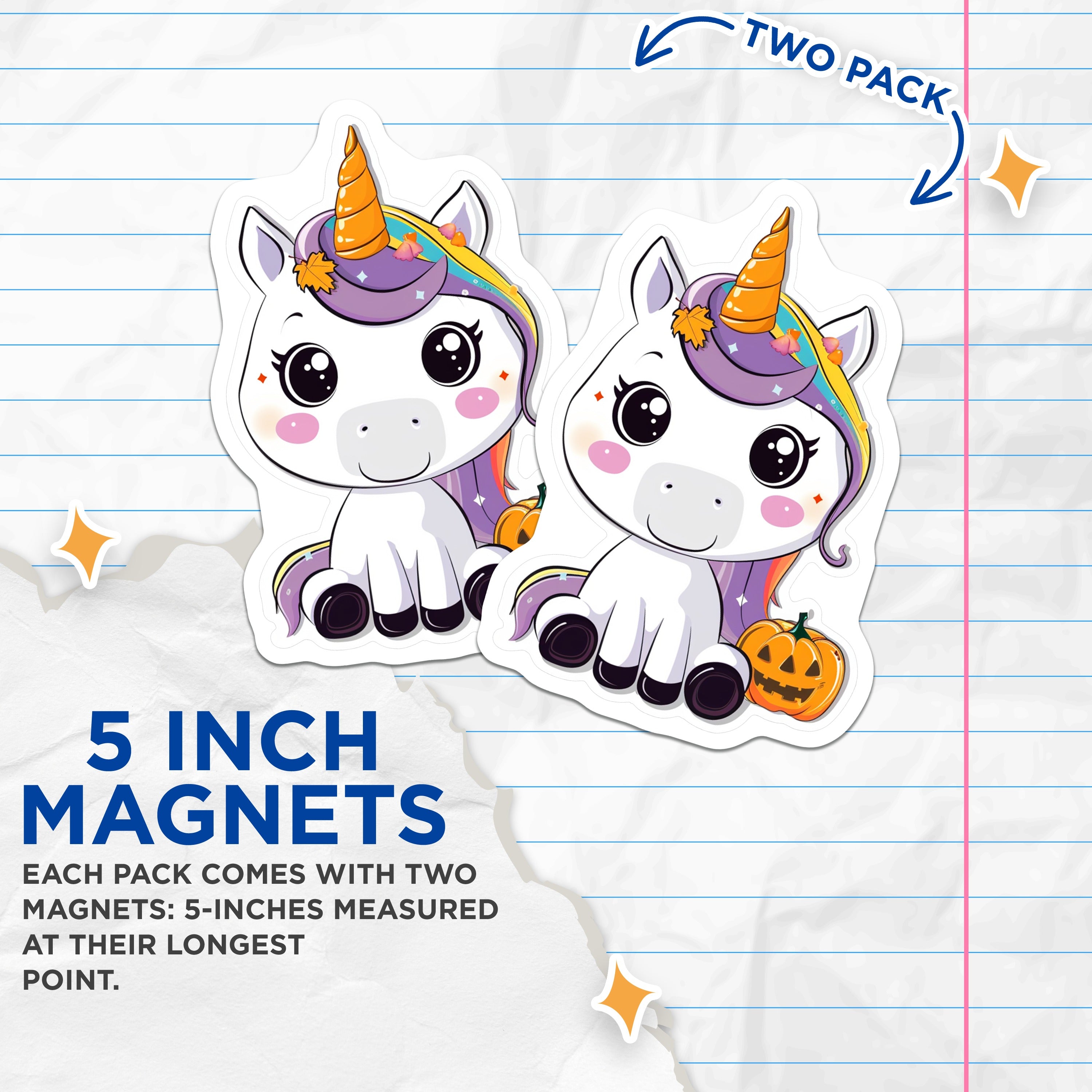 (2 Pack) Cute Halloween Unicorn Magnets - Autumn Fall Pumpkin Decor - Kawaii Fantasy Fridge Locker Accessory - 5 Inches On Longest Side - Thick Durable Magnet - Made in USA - MAG37777