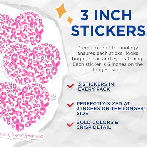 (3 Pack) Breast Cancer Decals - Pink Ribbon Decals - Laptop Decal - 3 Inches On Longest Side - Easy Peel & Apply - Made in USA - 3MCS2148