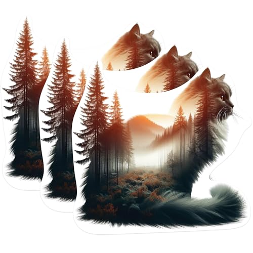 (3 Pack) Cat Forest Decals - Nature Cat Design - Laptop Decal - 3 Inches On Longest Side - Easy Peel & Apply - Made in USA - 3MCS1145