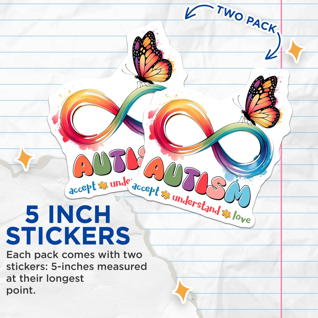 (2 Pack) Autism Awareness Stickers - Butterfly Design - Infinity Symbol - 5" On Longest Side - Sticks to Smooth Flat Surfaces - Made in USA - BMCS8427 - Inspirational Decals - Rainbow Colors