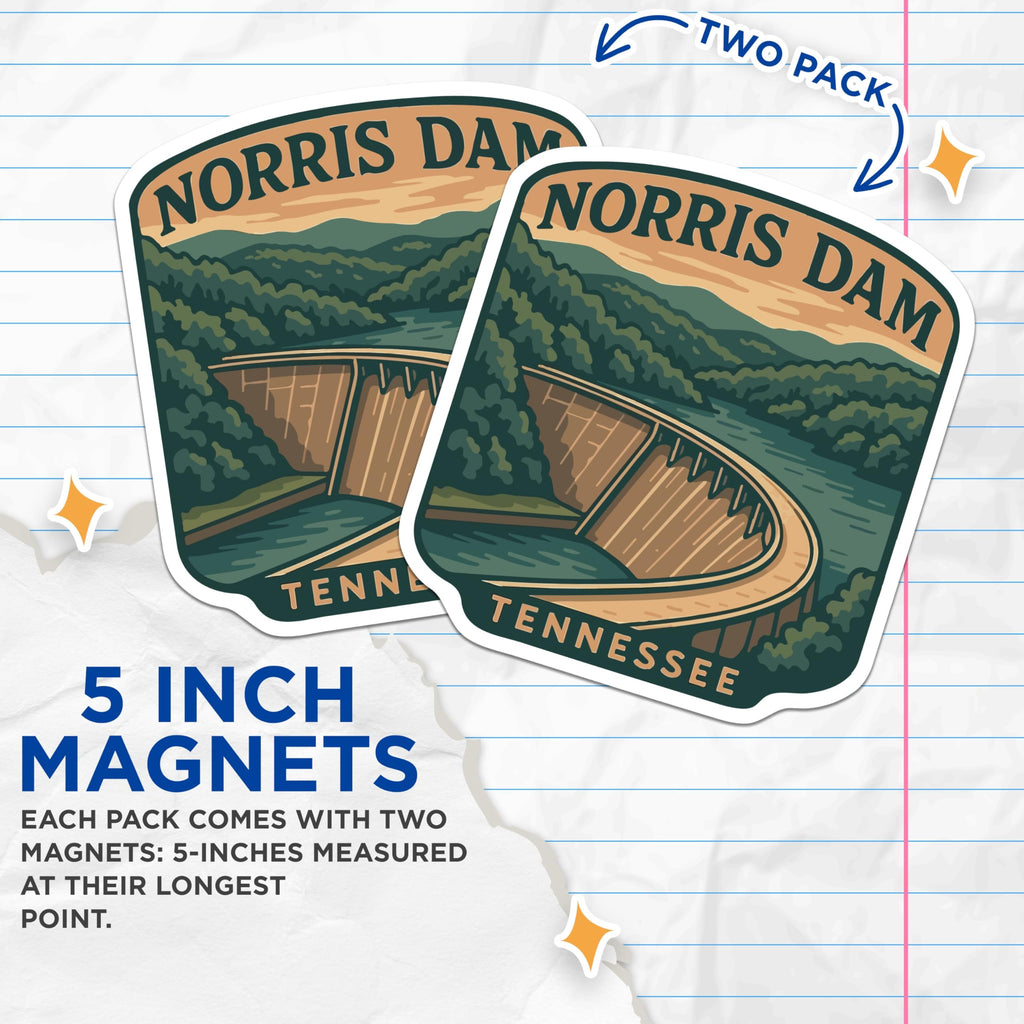 (2 Pack) Norris Dam Magnets - Tennessee Lake Art - Appalachian Mountains Souvenir - 5 Inches On Longest Side - Thick Durable Magnet - Made in USA - MAG19931