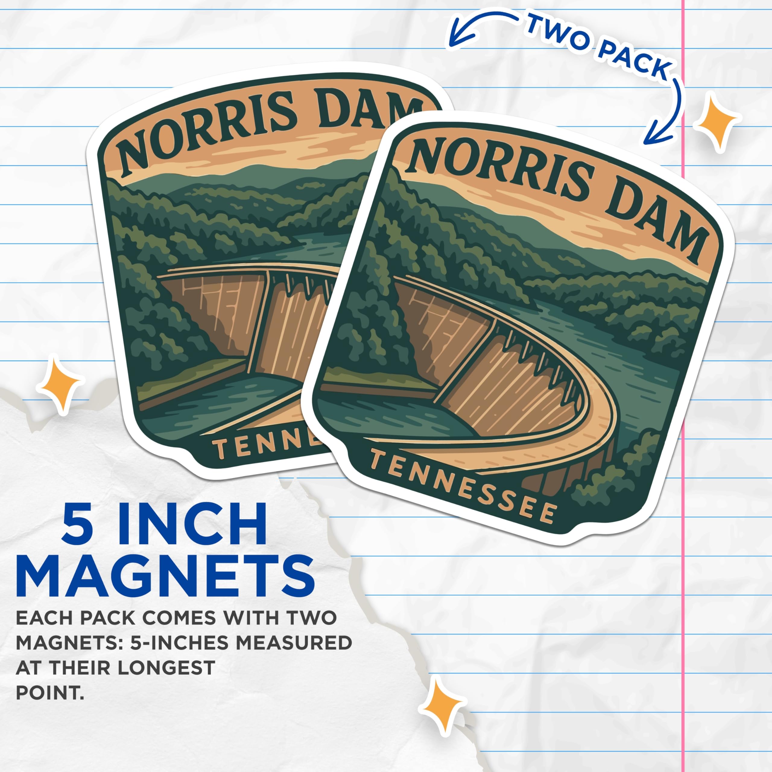 (2 Pack) Norris Dam Magnets - Tennessee Lake Art - Appalachian Mountains Souvenir - 5 Inches On Longest Side - Thick Durable Magnet - Made in USA - MAG19931