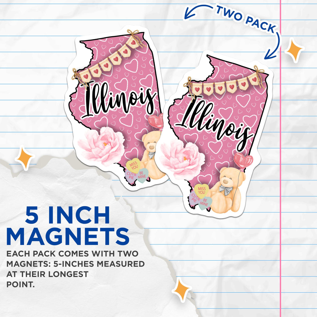 (2 Pack) Illinois State Magnets - Teddy Bear Balloon - Heart Banner Pink Illinois Souvenir - 5" On Longest Side - Premium Magnet - for Cars, Refrigerators, Toolboxes, Lockers - Made in USA - MAG18827
