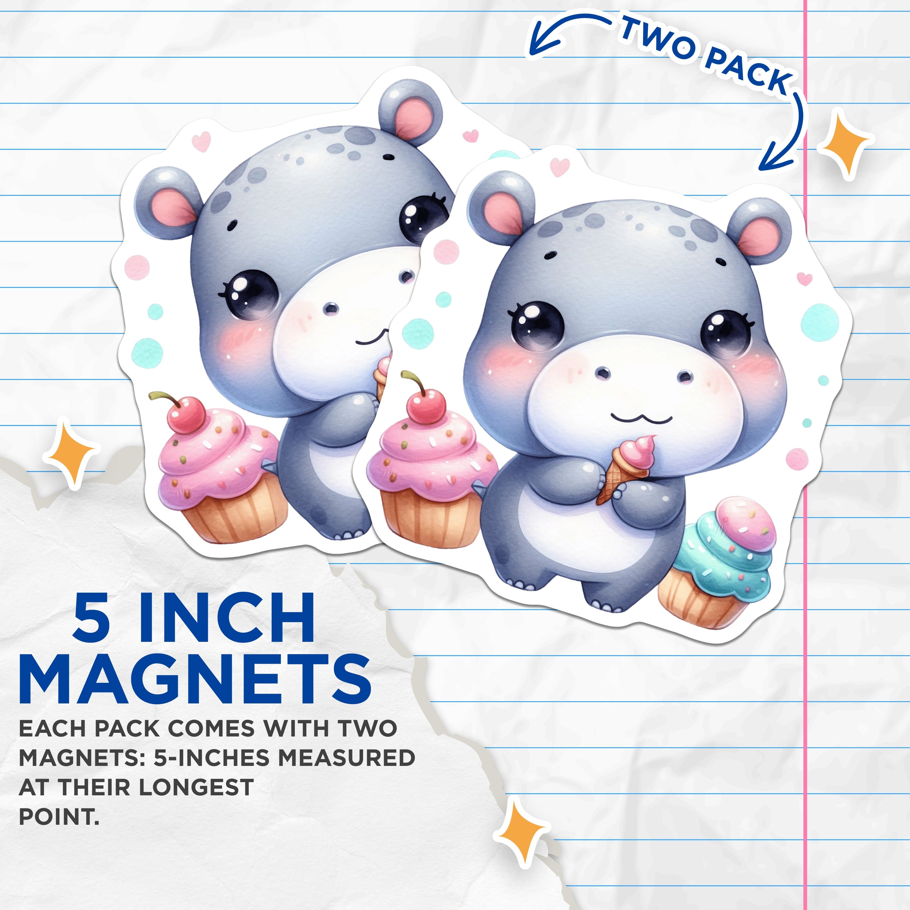 (2 Pack) Cute Hippo Magnets - Kawaii Animal Refrigerator Magnet - Sweet Treat Locker Decor - Nursery Kids Room Accessory - 5 Inches On Longest Side - Thick Durable Magnet - Made in USA - MAG36364