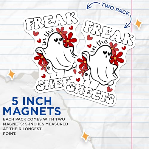 (2 Pack) Freak in The Sheets Magnets - Funny Halloween Ghost Magnets - Cute Ghost with Flowers Magnets - 5" On Longest Side - for Cars, Refrigerators, Toolboxes, Lockers - Made in USA BMCS3383