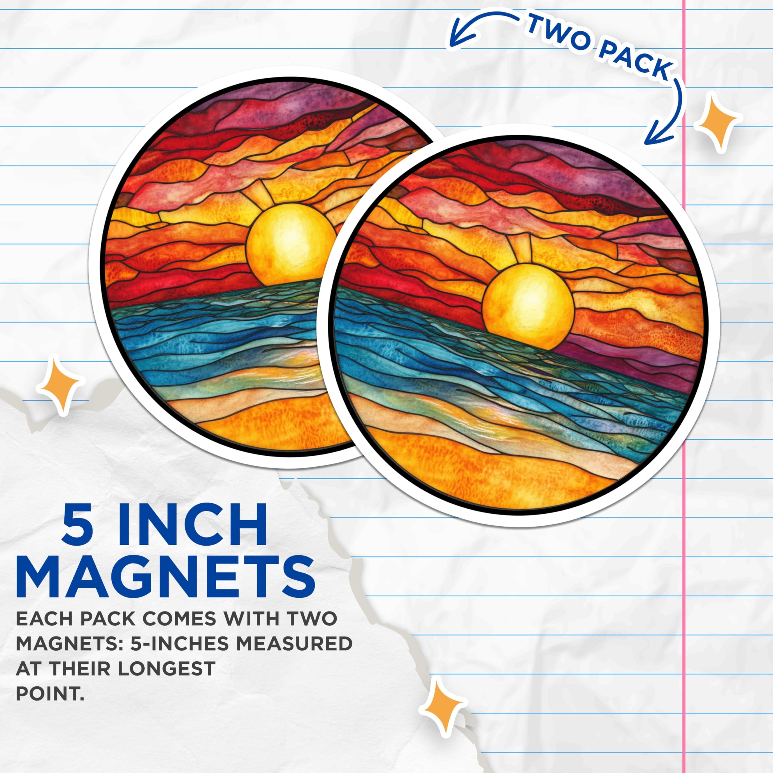 (2 Pack) Stained Glass Sunset Magnets - Ocean Beach Art - Vibrant Fridge Decor - 5 Inches On Longest Side - Thick Durable Magnet - Made in USA - MAG25958