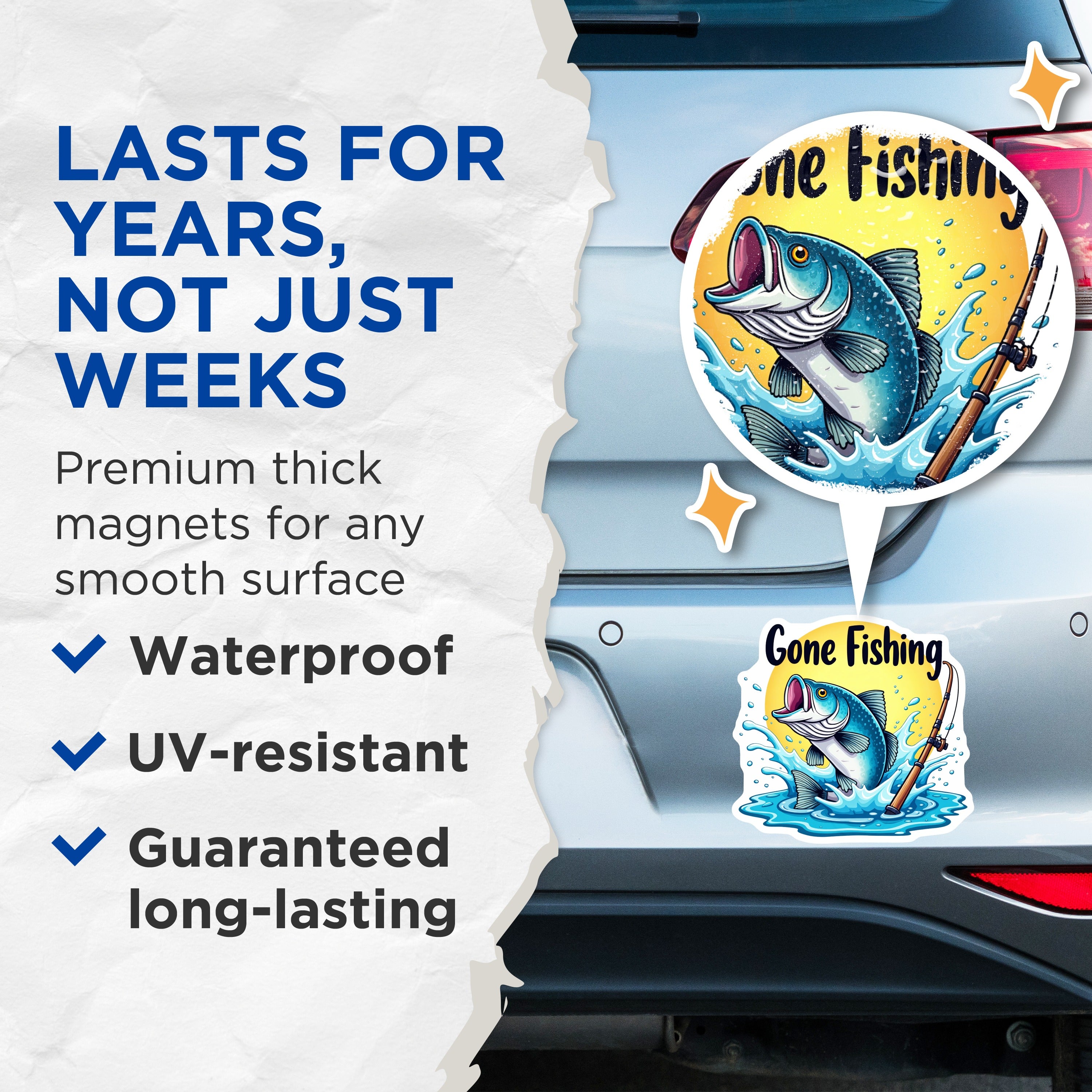 (2 Pack) Gone Fishing Magnets - Bass Fish Jumping - Fisherman Refrigerator Decor - Lake House Cabin Art - 5 Inches On Longest Side - Thick Durable Magnet - Made in USA - MAG39620