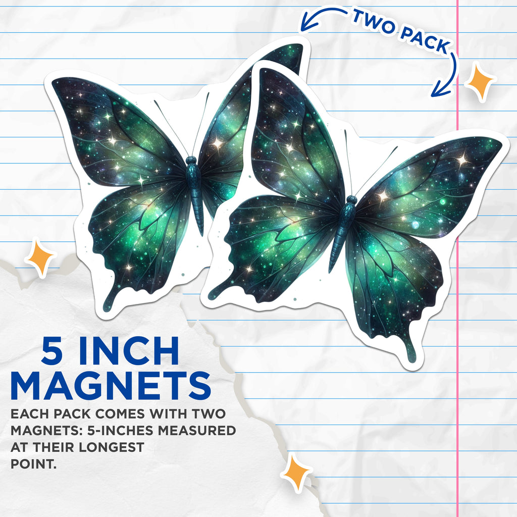 (2 Pack) Cosmic Butterfly Magnets - Starry Night Insect Decor - Whimsical Celestial Kitchen Refrigerator Locker Accessory - 5 Inches On Longest Side - Thick Durable Magnet - Made in USA - MAG38480