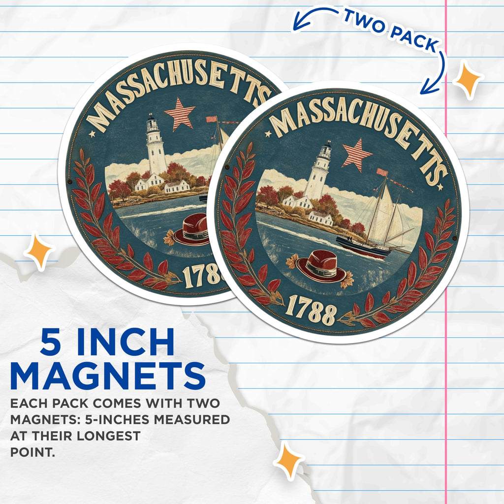 (2 Pack) Massachusetts State Seal Magnets - Lighthouse Sailboat - Bay State Decorative Art - 5" On Longest Side - Premium Magnet - for Cars, Refrigerators, Toolboxes, Lockers - Made in USA - MAG15261