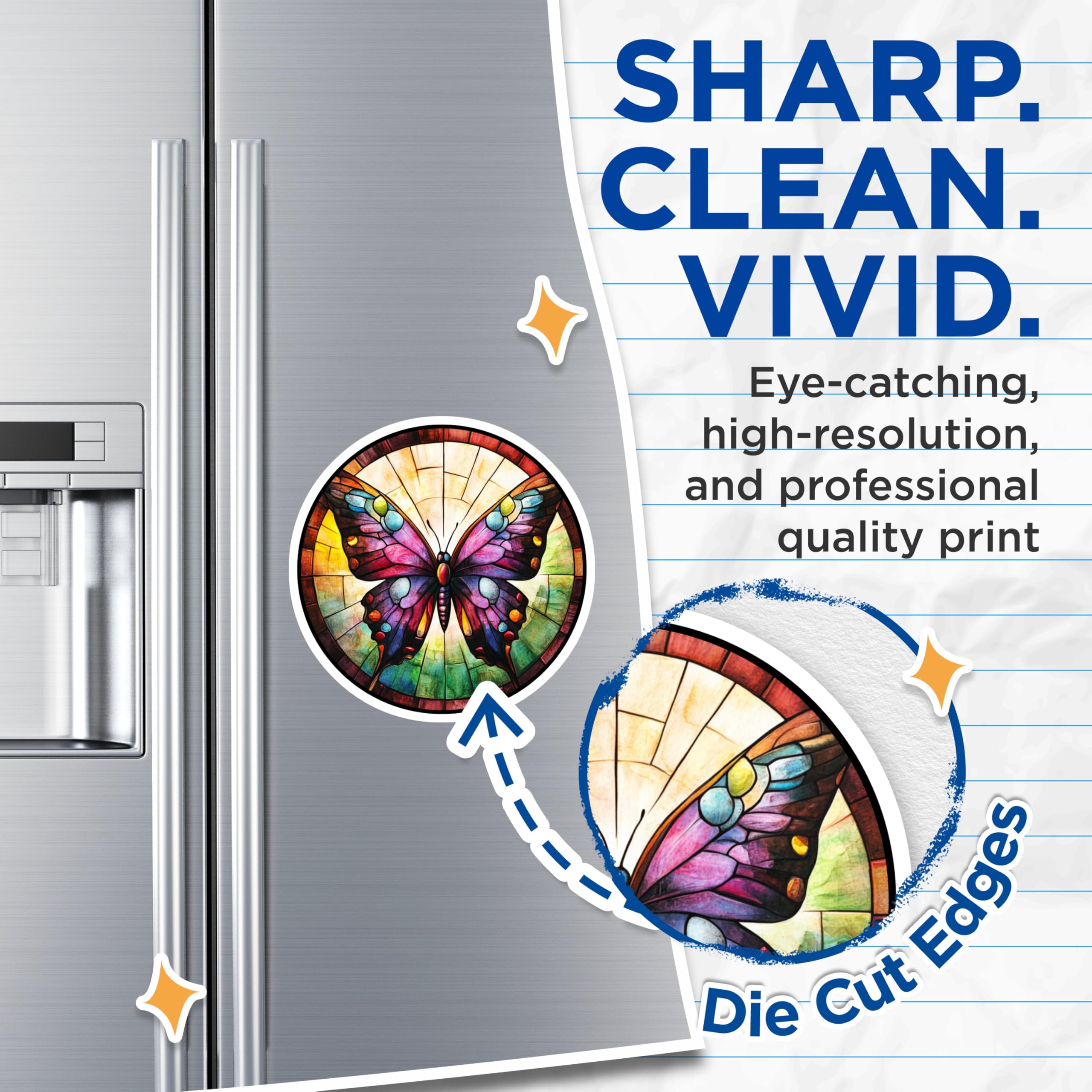 (2 Pack) Stained Glass Butterfly Magnets - Vibrant Floral Decor - Refrigerator Art Collectible - 5 Inches On Longest Side - Thick Durable Magnet - Made in USA - MAG30087