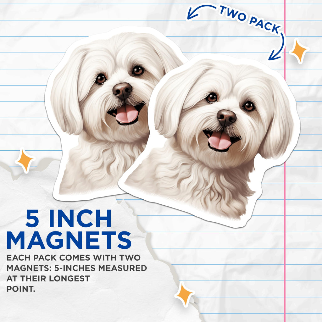 (2 Pack) Maltese Dog Magnets - Cute White Fluffy Dog - Pet Lover Fridge Locker Decoration - 5 Inches On Longest Side - Thick Durable Magnet - Made in USA - MAG29223