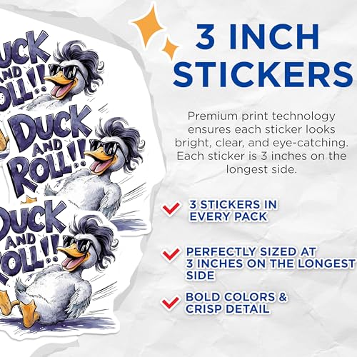 (3 Pack) Duck and Roll Decals - Cool Duck - Laptop Decal - Animal Decals - 3 Inches On Longest Side - Easy Peel & Apply - Made in USA - 3MCS7298