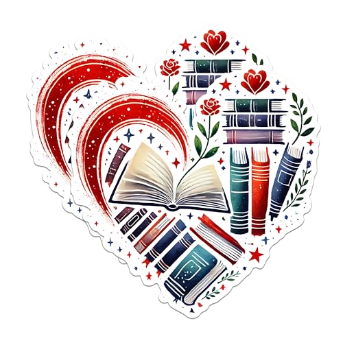 (2 Pack) Library Book Lover Stickers - Heart-Shaped Book Stickers - Reading Enthusiast Stickers - 5" On Longest Side - Sticks to Any Smooth Flat Surface - Made in USA - BMCS2763