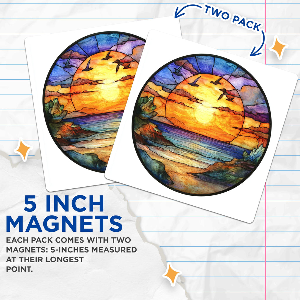 (2 Pack) Stained Glass Sunset Magnets - Ocean Beach Scene Art - Coastal Home Refrigerator Decor - Aesthetic Nature Inspired - 5 Inches On Longest Side - Thick Durable Magnet - Made in USA - MAG25618