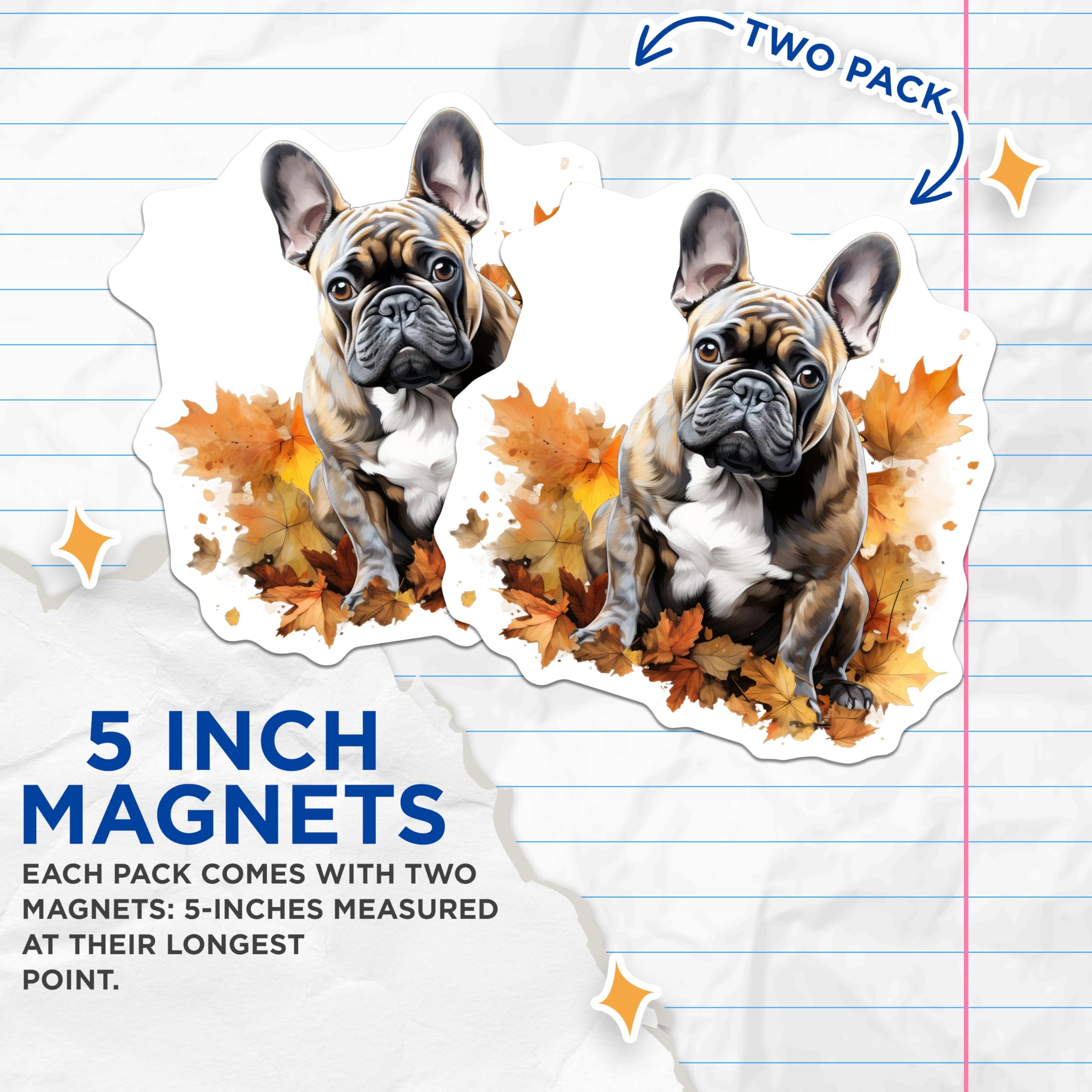 (2 Pack) French Bulldog Magnets - Adorable Autumn Fall Leaves Decor - Brindle Frenchie Dog Lover Refrigerator Magnets - 5 Inches On Longest Side - Thick Durable Magnet - Made in USA - MAG24955