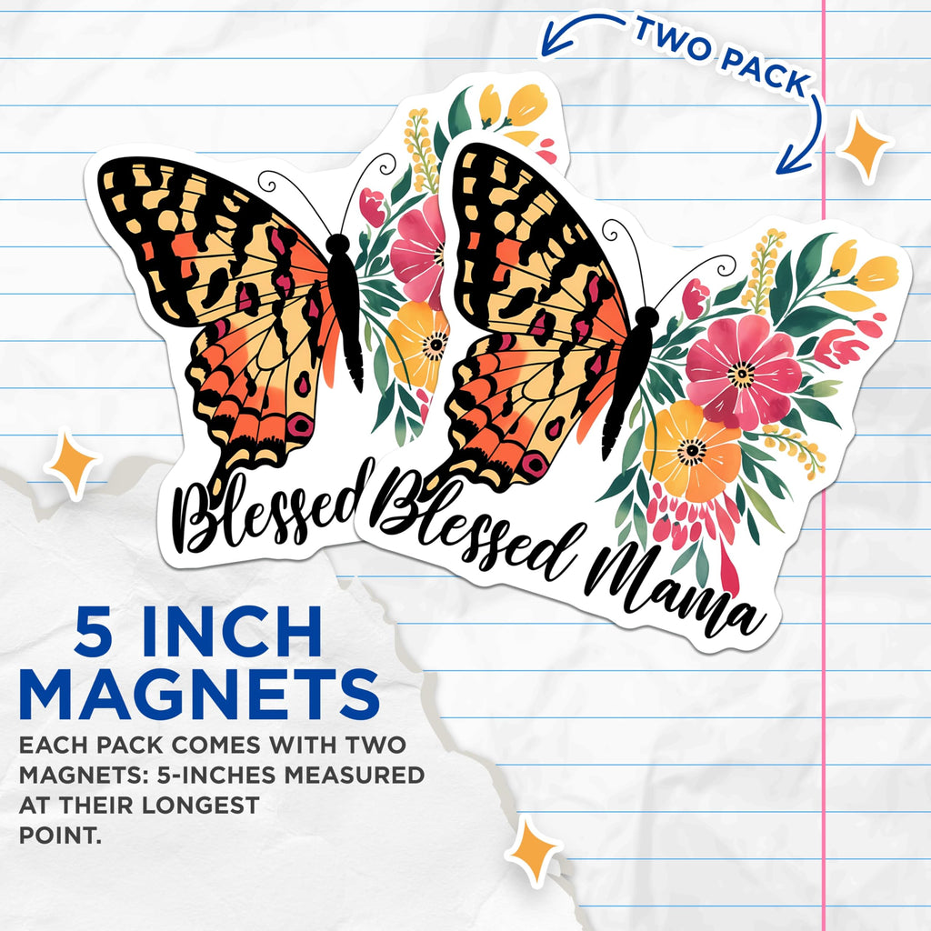 (2 Pack) Blessed Mama Magnets - Butterfly Design - Floral Decor - 5" On Longest Side - for Cars, Fridges, Toolboxes - Made in USA - MAG7718