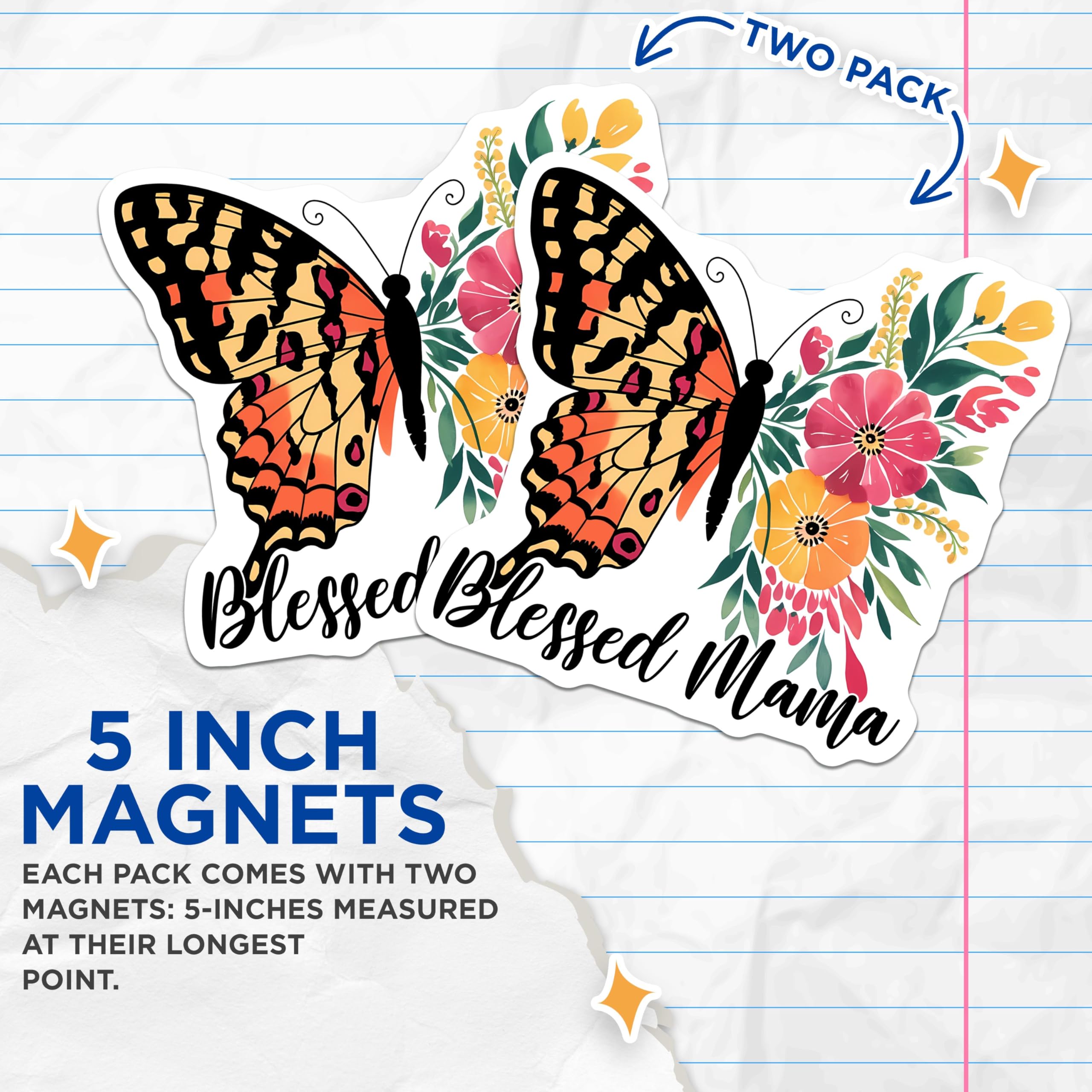 (2 Pack) Blessed Mama Magnets - Butterfly Design - Floral Decor - 5" On Longest Side - for Cars, Fridges, Toolboxes - Made in USA - MAG7718